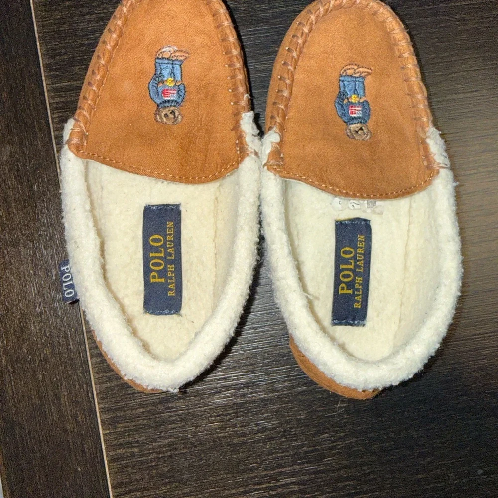 Ralph Lauren Tan Suede Slippers with Bear Motif